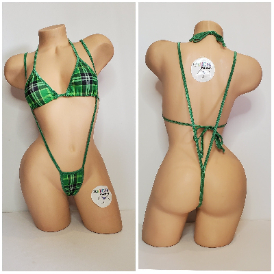Green Plaid Pattern w/ Black Trim  2 Piece Micro String Bikini Set One Size-3