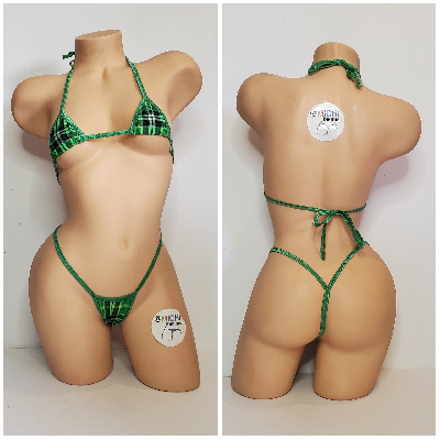 Green Plaid Pattern w/ Black Trim  2 Piece Micro String Bikini Set One Size-7