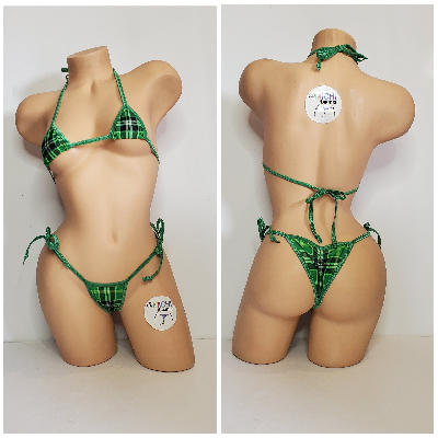 Green Plaid Pattern w/ Black Trim  2 Piece Micro String Bikini Set One Size-9