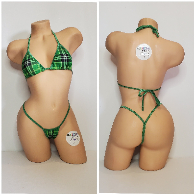 Green Plaid Pattern w/ Black Trim  2 Piece Micro String Bikini Set One Size-10