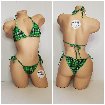 Green Plaid Pattern w/ Black Trim  2 Piece Micro String Bikini Set One Size-11