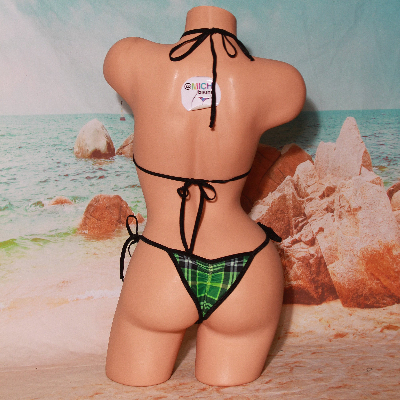 Green Plaid Pattern w/ Black Trim  2 Piece Micro String Bikini Set One Size-12