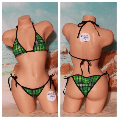Green Plaid Pattern w/ Black Trim  2 Piece Micro String Bikini Set One Size-15