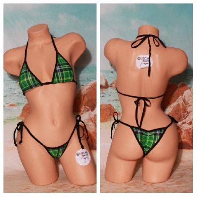 Green Plaid Pattern w/ Black Trim  2 Piece Micro String Bikini Set One Size-16