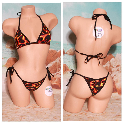 Flames Pattern on Black w Black Trim 2 Piece Micro Bikini Set-12