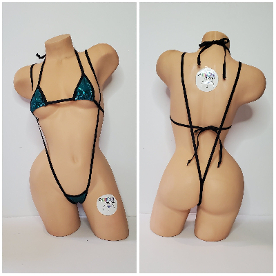 Shimmery Teal Blue with Black Trim 2 Piece Micro String Bikini Set One Size-5