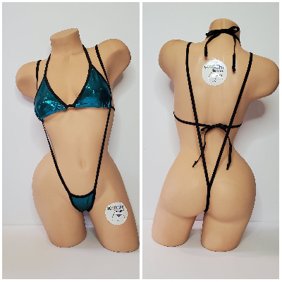 Shimmery Teal Blue with Black Trim 2 Piece Micro String Bikini Set One Size-9