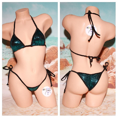 Shimmery Teal Blue with Black Trim 2 Piece Micro String Bikini Set One Size-10