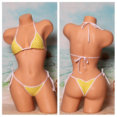 Yellow Polka Dots with White Trim 2 Piece String Bikini Set One Size-6