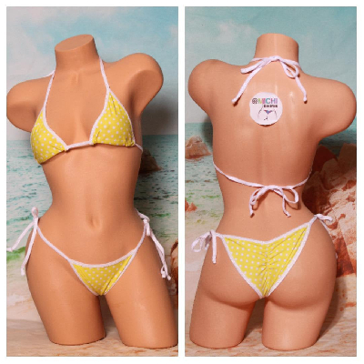 Yellow Polka Dots with White Trim 2 Piece String Bikini Set One Size-7