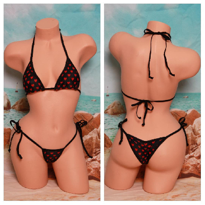 Black with Red Hearts Pattern w Black Trim 2 Piece Micro String Bikini Set One Size-3