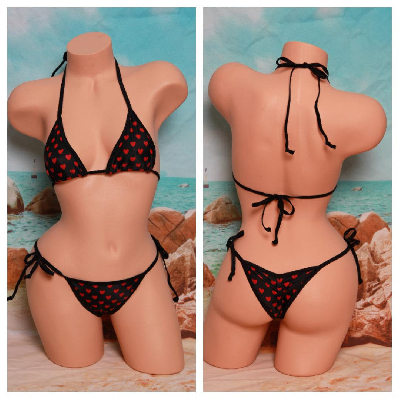 Black with Red Hearts Pattern w Black Trim 2 Piece Micro String Bikini Set One Size-4