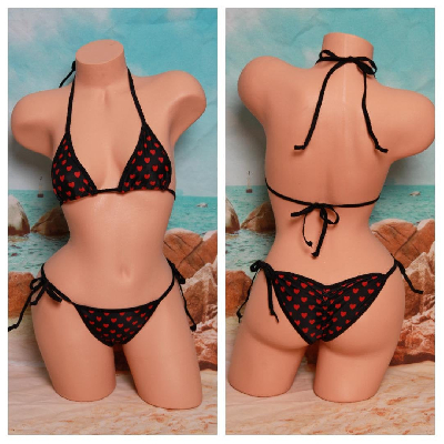 Black with Red Hearts Pattern w Black Trim 2 Piece Micro String Bikini Set One Size-5