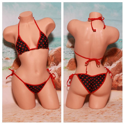 Black with Red Hearts Pattern w Black Trim 2 Piece Micro String Bikini Set One Size-11