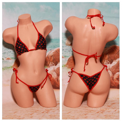 Black with Red Hearts Pattern w Black Trim 2 Piece Micro String Bikini Set One Size-12