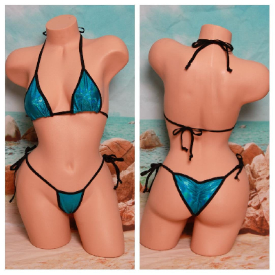 Holographic Teal Iridescent Glitter Effect w Your Choice Trim Color  2 Piece Micro String Bikini Set One Size-4