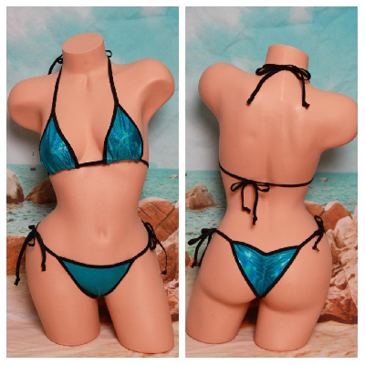 Holographic Teal Iridescent Glitter Effect w Your Choice Trim Color  2 Piece Micro String Bikini Set One Size-5