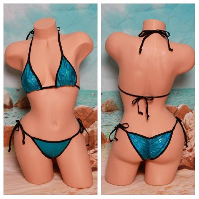 Holographic Teal Iridescent Glitter Effect w Your Choice Trim Color  2 Piece Micro String Bikini Set One Size-6