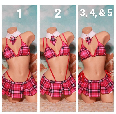Magenta Pink Plaid w/ Magenta Trim Sexy School Girl Costume Pleaded Skirt 5 Piece Set