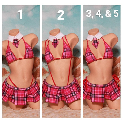 Magenta Pink Plaid w/ Magenta Trim Sexy School Girl Costume Pleaded Skirt 5 Piece Set-8