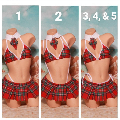 Red Plaid w/ Your Choice Trim Color Sexy School Girl Costume Pleaded Skirt 5 Piece Set