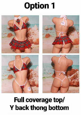 Red Plaid w/ Your Choice Trim Color Sexy School Girl Costume Pleaded Skirt 5 Piece Set-1