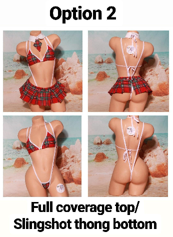 Red Plaid w/ Your Choice Trim Color Sexy School Girl Costume Pleaded Skirt 5 Piece Set-2