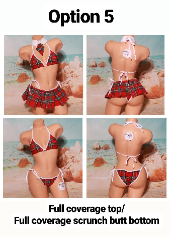Red Plaid w/ Your Choice Trim Color Sexy School Girl Costume Pleaded Skirt 5 Piece Set-5