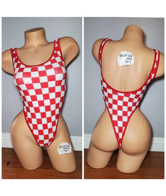 Red and White Checker Print with Your Choice Trim Color 1 Piece Bodysuit Size SMALL