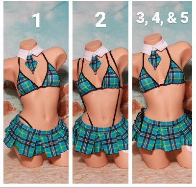 Teal Plaid w/ Black Trim Sexy School Girl Costume  Pleaded Skirt 5 Piece Set
