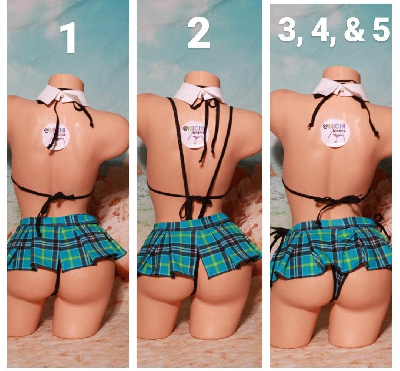 Teal Plaid w/ Black Trim Sexy School Girl Costume  Pleaded Skirt 5 Piece Set-0