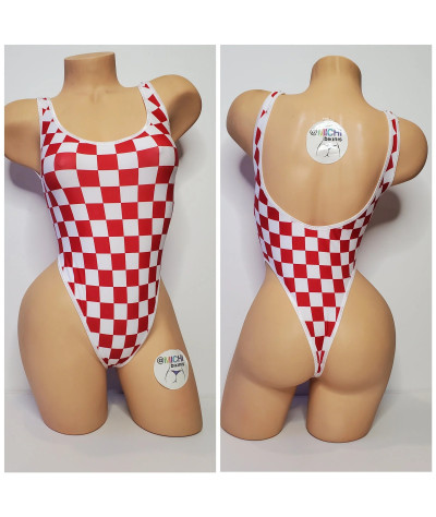 Red and White Checker Print with Your Choice Trim Color 1 Piece Bodysuit Size SMALL