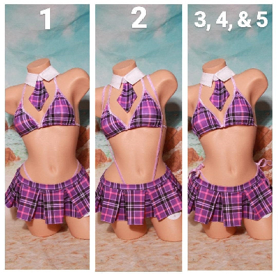 Purple Plaid w/ Lavender Trim Sexy School Girl Costume  Pleaded Skirt 5 Piece Set