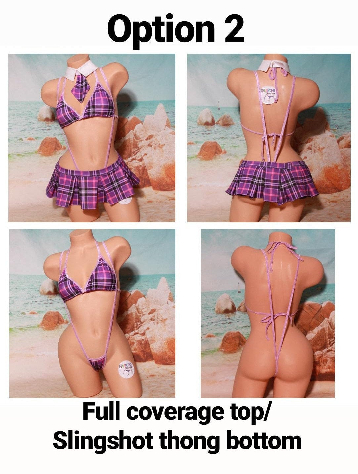Purple Plaid w/ Lavender Trim Sexy School Girl Costume  Pleaded Skirt 5 Piece Set-2