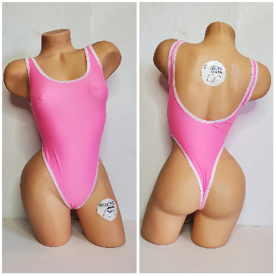 Carnation Pink with White Trim Custom Logo Option 1 Piece Bodysuit Size SMALL-0