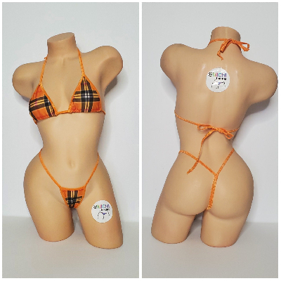Orange Plaid Pattern w/ Orange Trim  2 Piece Micro Bikini Set One Size-0