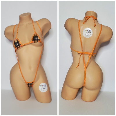 Orange Plaid Pattern w/ Orange Trim  2 Piece Micro Bikini Set One Size-1