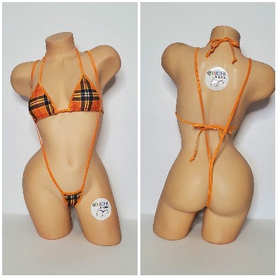 Orange Plaid Pattern w/ Orange Trim  2 Piece Micro Bikini Set One Size-2