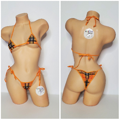 Orange Plaid Pattern w/ Orange Trim  2 Piece Micro Bikini Set One Size-3