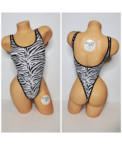 White w/ Black Zebra Stripes Pattern w/ Black Trim 1 Piece Bodysuit Size SMALL