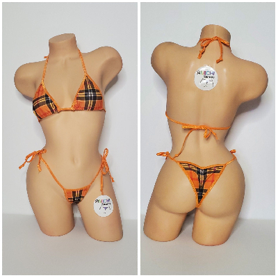 Orange Plaid Pattern w/ Orange Trim  2 Piece Micro Bikini Set One Size-4