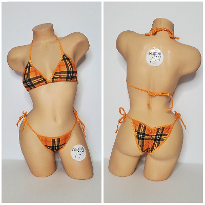 Orange Plaid Pattern w/ Orange Trim  2 Piece Micro Bikini Set One Size-5