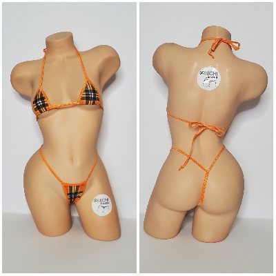 Orange Plaid Pattern w/ Orange Trim  2 Piece Micro Bikini Set One Size-6