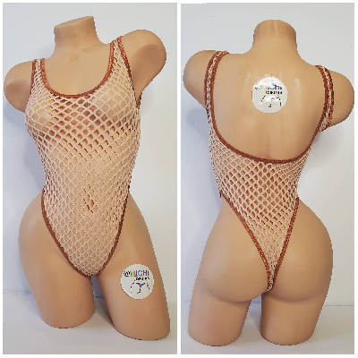 Tan Large Hole Fishnet with Tan Trim ***VERY SHEER*** 1 Piece Bodysuit Size SMALL-0