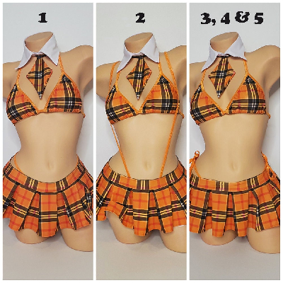 Orange Plaid w/ Orange Trim Sexy School Girl Costume Pleaded Skirt 5 Piece Set