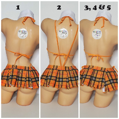 Orange Plaid w/ Orange Trim Sexy School Girl Costume Pleaded Skirt 5 Piece Set-0