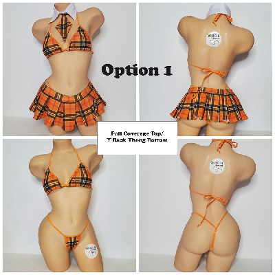 Orange Plaid w/ Orange Trim Sexy School Girl Costume Pleaded Skirt 5 Piece Set-1