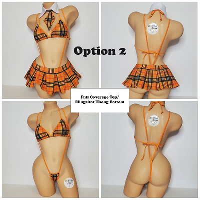 Orange Plaid w/ Orange Trim Sexy School Girl Costume Pleaded Skirt 5 Piece Set-2