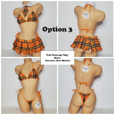Orange Plaid w/ Orange Trim Sexy School Girl Costume Pleaded Skirt 5 Piece Set-3