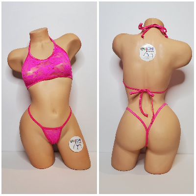 Hot Pink Lace *VERY SHEER* w/ Hot Pink Trim  2 Piece Micro Bikini Set-0